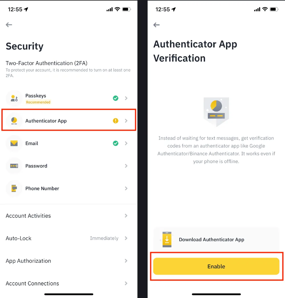 两张币安 App 截图并排：左边账户安全页里【身份验证器App】一项被框出，右边验证器说明页底部黄色【启用】按钮被框出