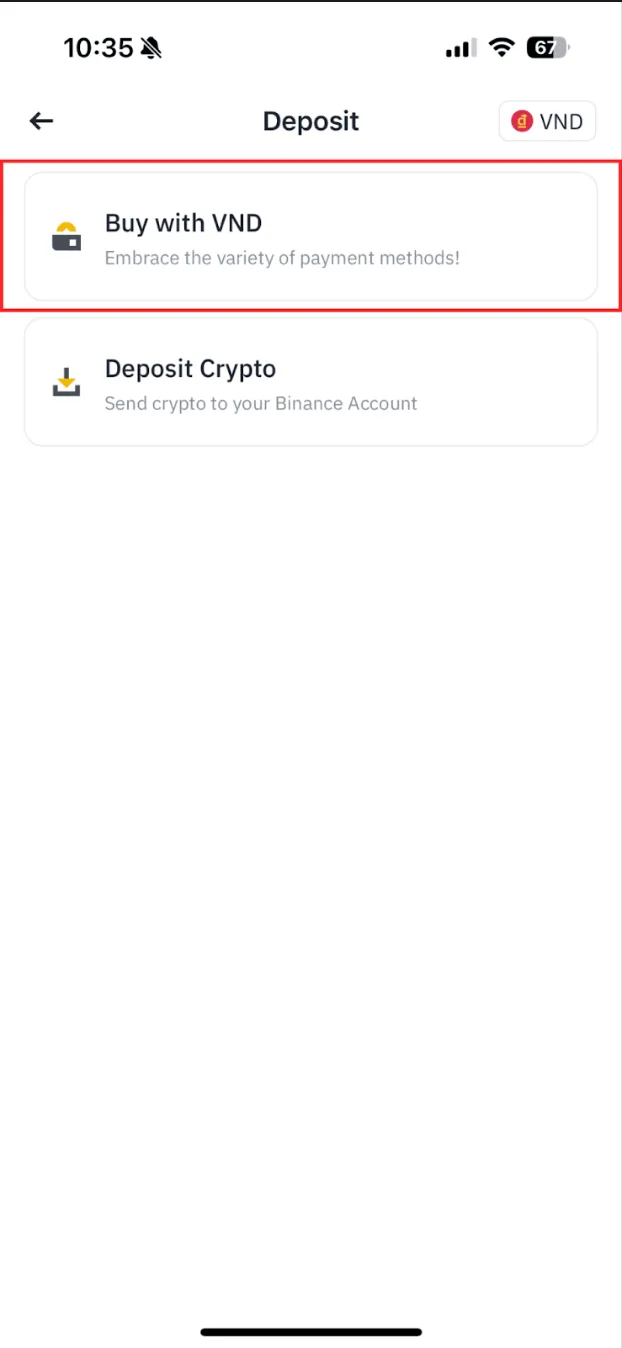 币安 App 充值页，用法币买币和充值加密货币两项，第一项被框出