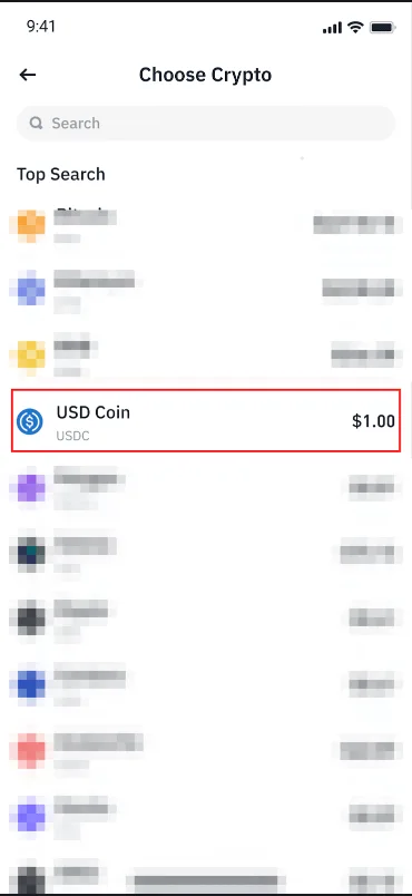 币安 App 选择币种页：搜索框、热门搜索列表，USD Coin 那一行被框出