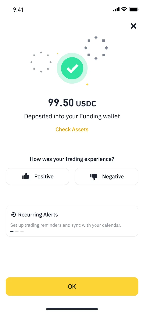 币安 App 买币完成页：绿色对勾，显示买到的 USDC 数量已入资金账户，下方是评价和【OK】按钮