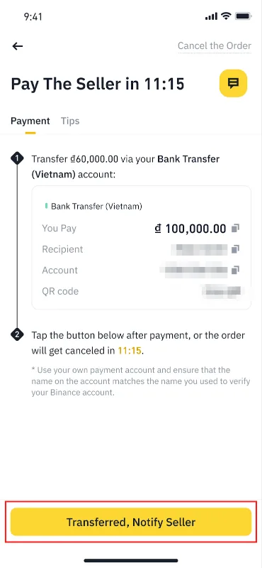 币安 App 向卖家付款页：显示银行转账的收款人、账户和金额，底部黄色【已转账，通知卖家】按钮被框出