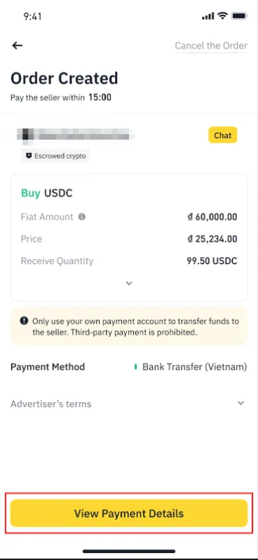 币安 App 订单已创建页：订单信息和付款期限，底部黄色【查看支付详情】按钮被框出