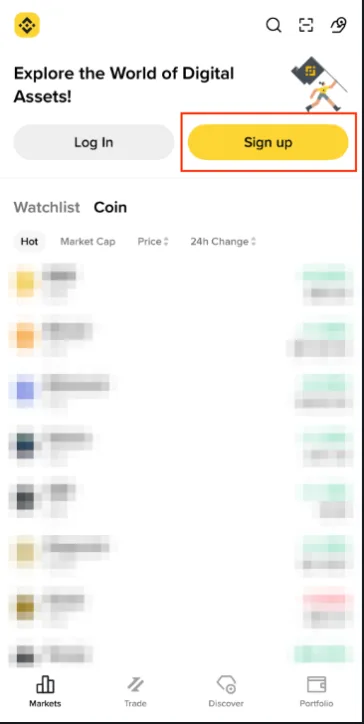 币安 App 简洁版首页:顶部【登录】和黄色【注册】按钮,下方是自选和币种价格列表,底部导航